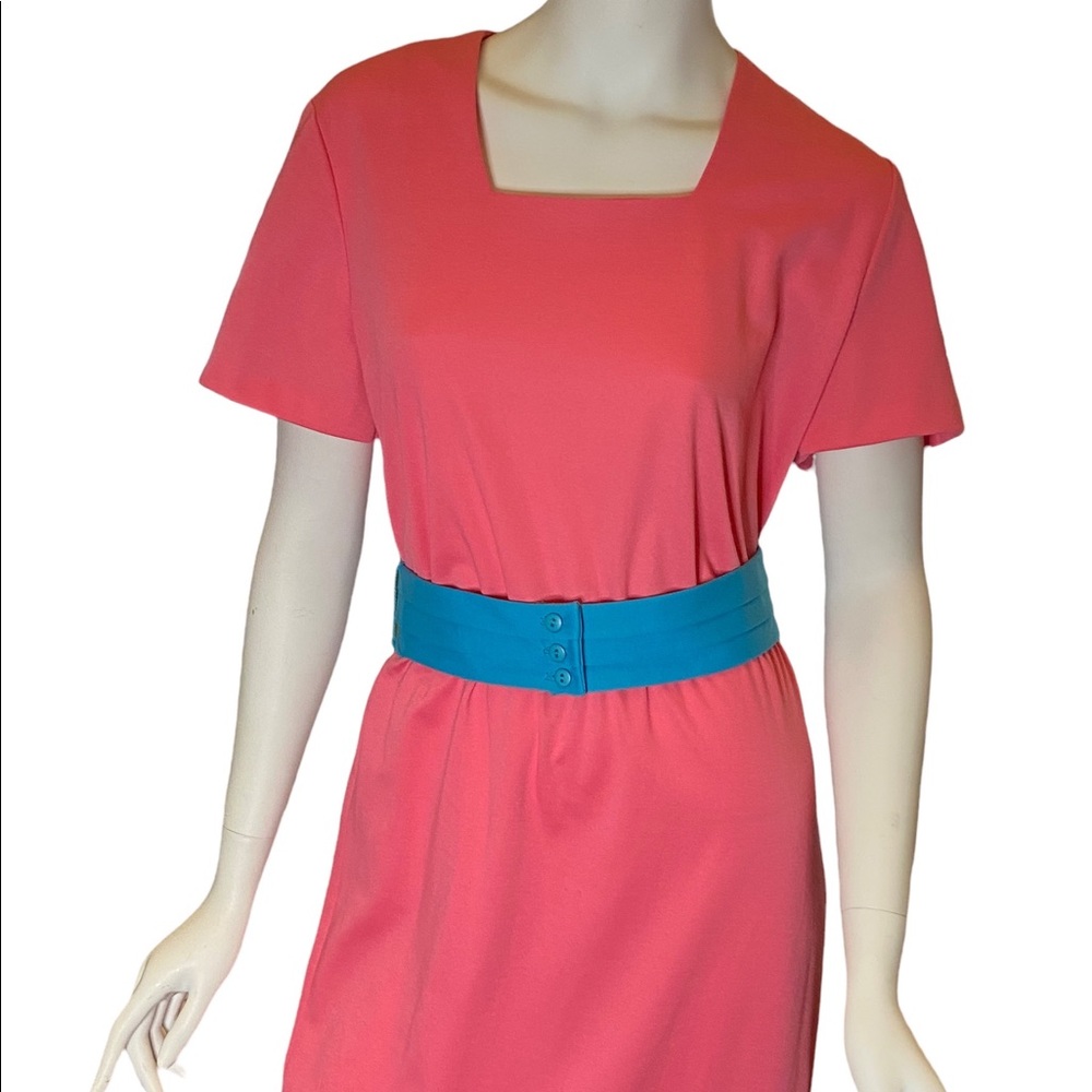 Vintage 80s JERRIE LURIE Pink Dress with Blue Belt Size M